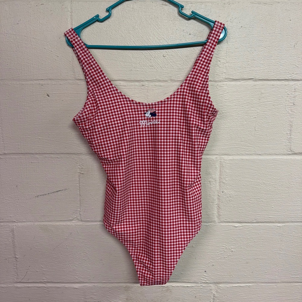 Disney Minnie Mouse‎ Gingham One Piece Swimsuit Red White Checkered Scoop Neck
